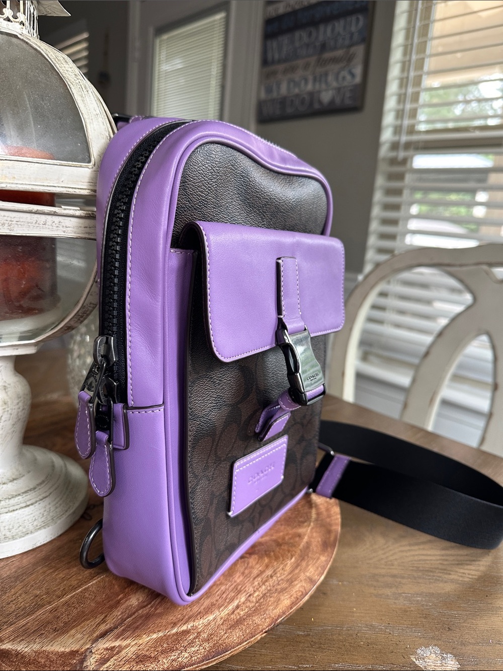 Coach Brown Signature Canvas Messenger Bag with Purple Trim - Picture 5 of 13